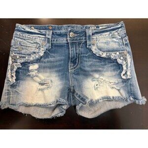 Miss Me Distressed Denim Mid-Rise Shorts W/Frayed Hem & Embellished Pockets Size
